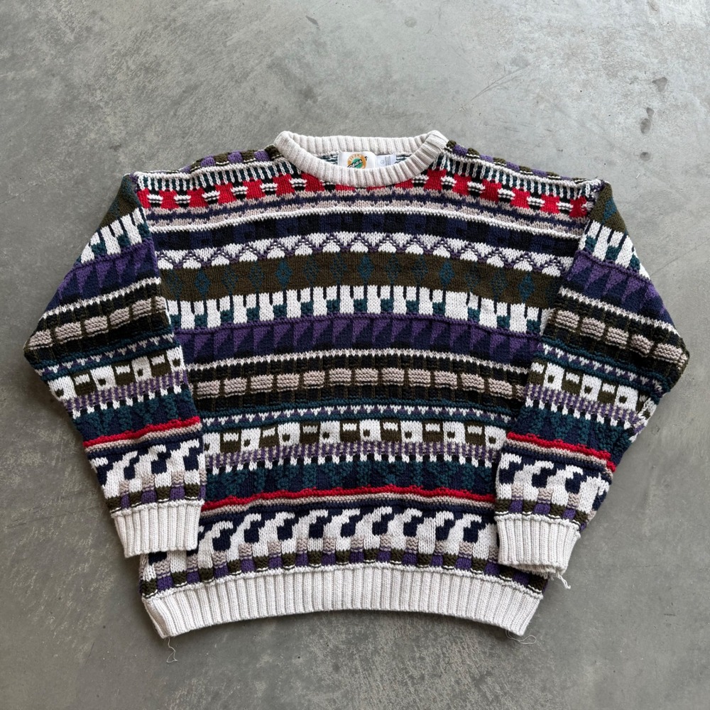 Vintage Field Gear Mens Large Multi Color Geometric Knit Cotton Sweater USA Made
